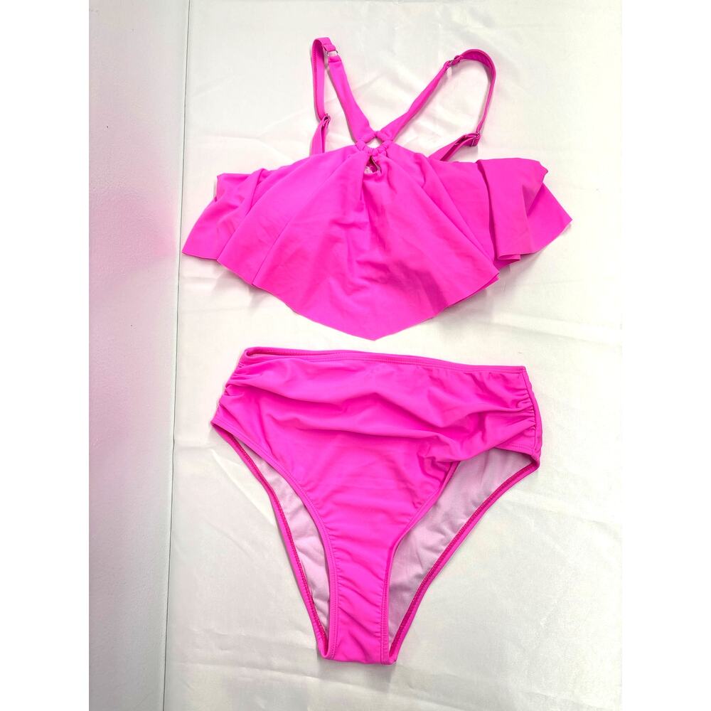 NEW Women’s pink two piece swimsuit bikini set Sz Large high cut leg ruffle trim - Picture 1 of 8